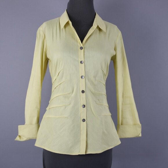 Nic + Zoe Sz S Yellow Collar Button 3/4 Sleeve Linen Polyester Blend Classic Top - Picture 2 of 13
